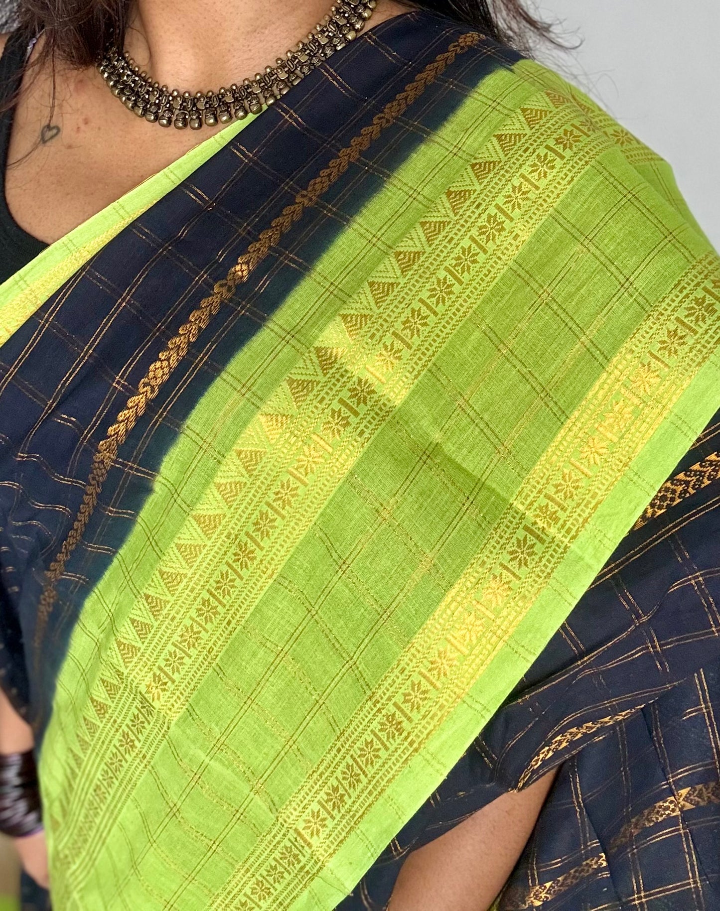 Black with lime green, Adayar checks with velthaari pattern, madurai cotton - YCCOTNOCSC03