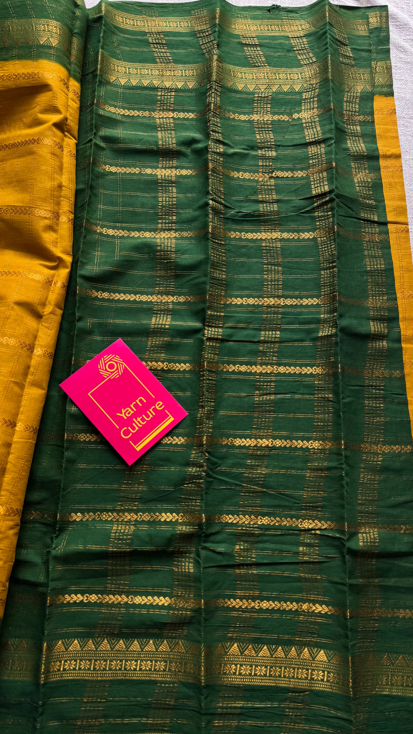 Ginger yellow with dark green, Adayar checks with velthaari pattern, madurai cotton - YCCOTNOCSC04
