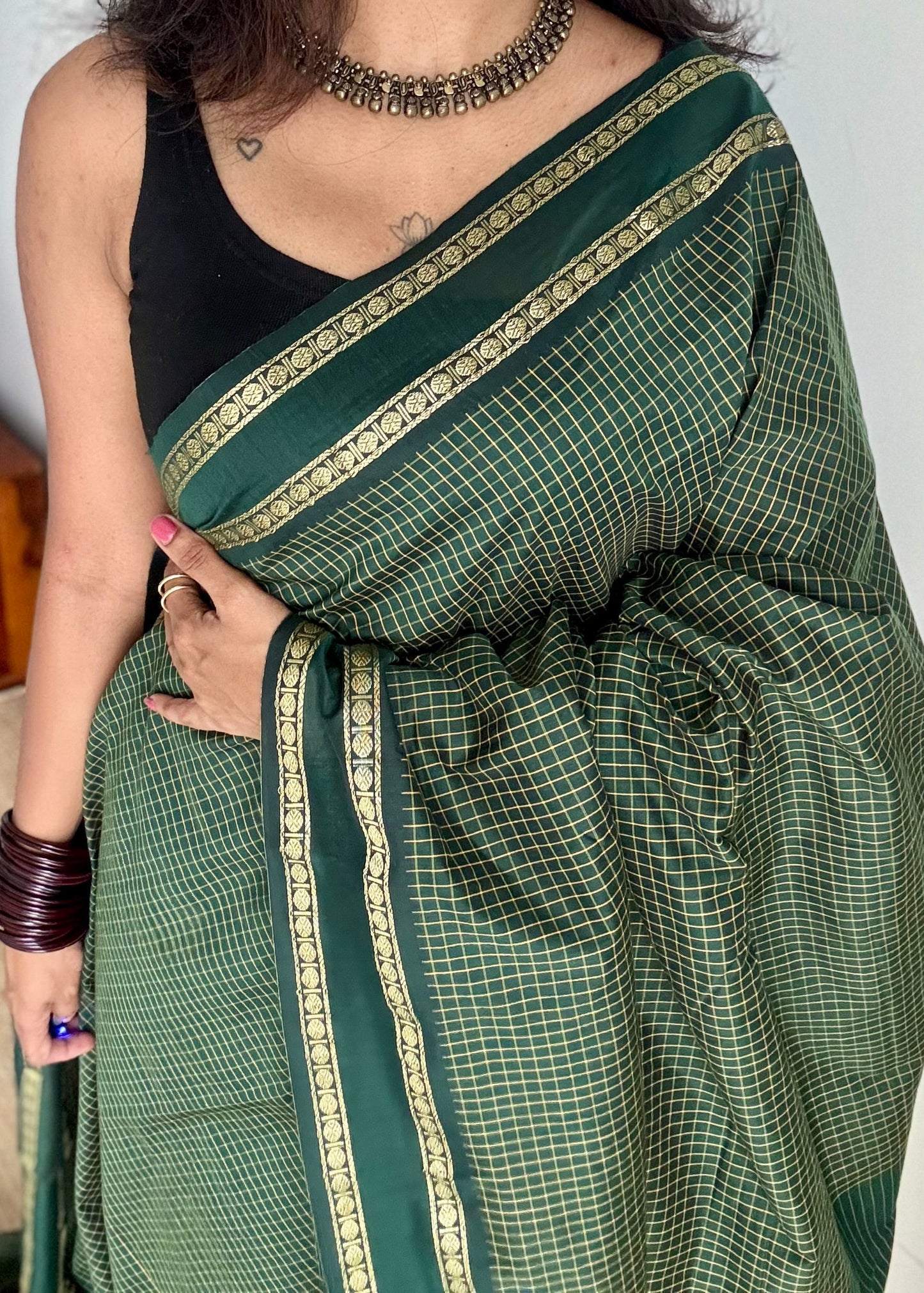 Dark green, arani checks, cotton silk - YCCOTNJUAR08