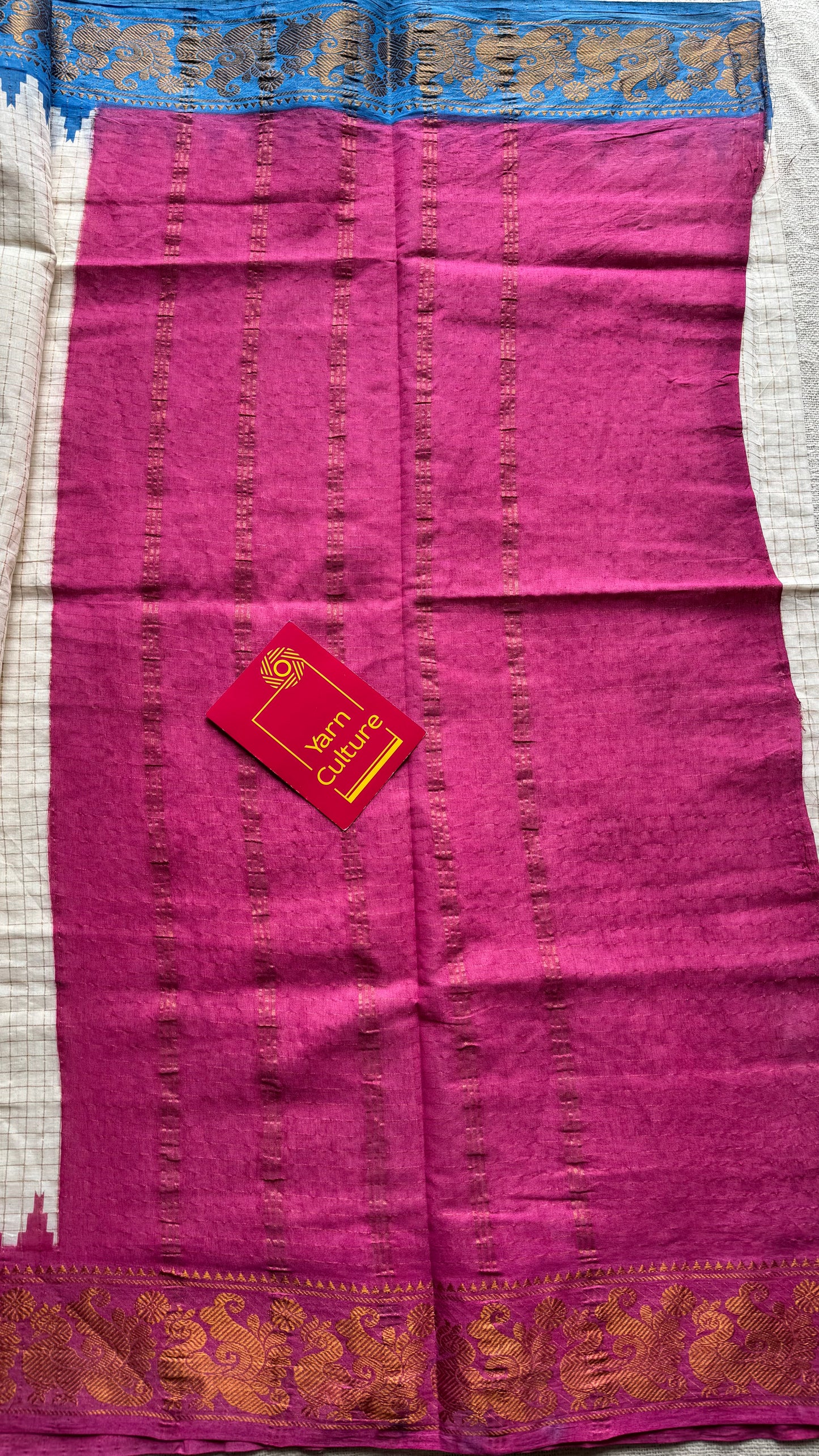 Sungudi cotton checks, ivory gold base, pink and blue dual tone border, soft cotton - YCCOTNAUS45