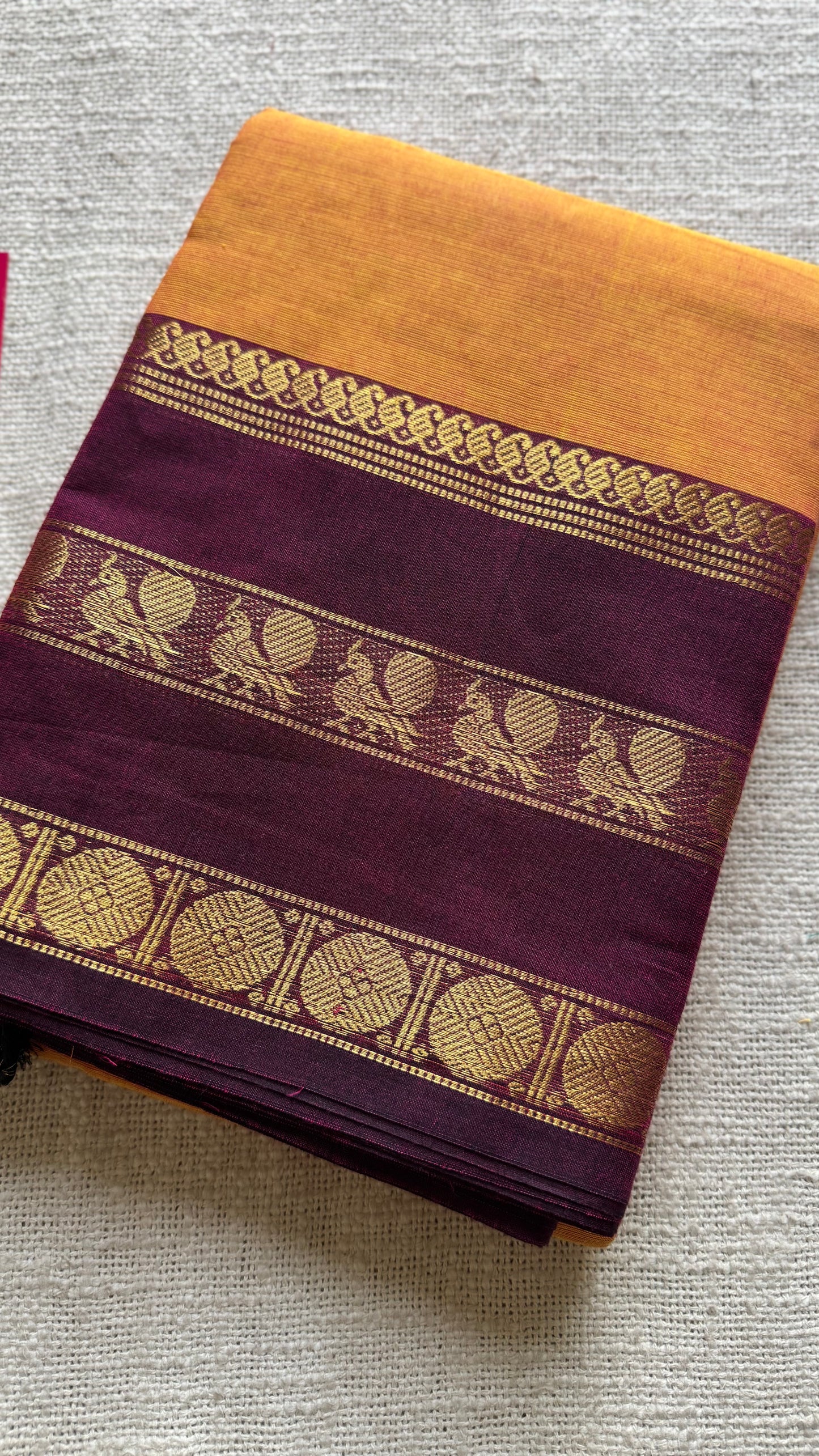 Light orange with maroon contrast border, chettinad cotton - YCCOTNOCCC02