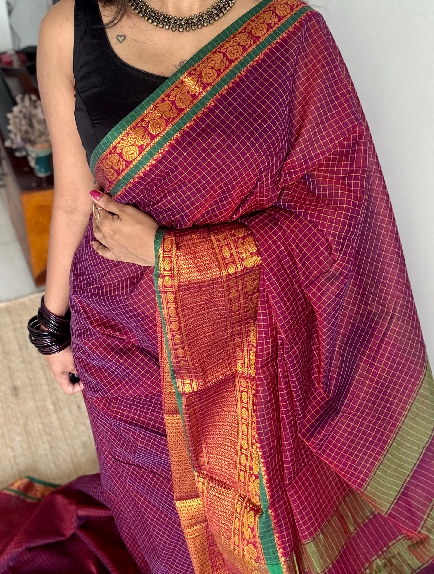 Purple pink (vadamalli) checks with zari border, premium narayanpet, soft cotton - YCWOTDOCNP04