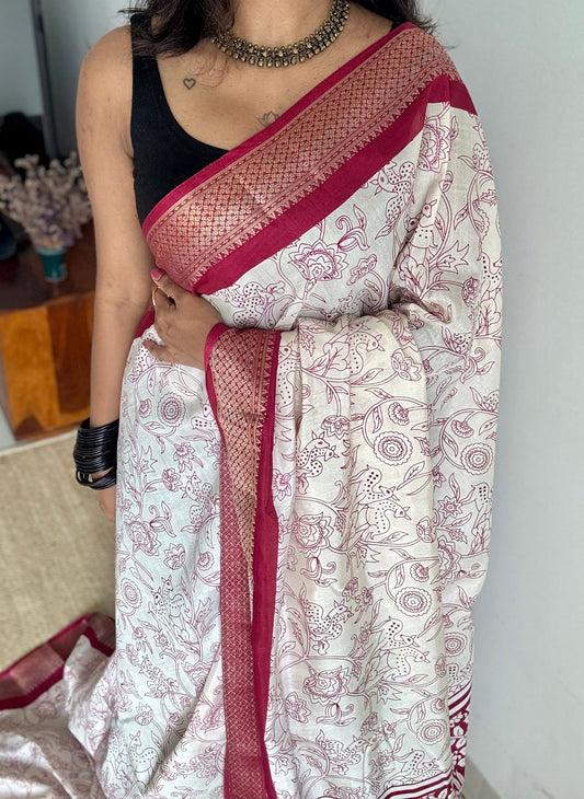 White and red contrast, printed kalamkari, semi-tussar - YCWOTDSTK01