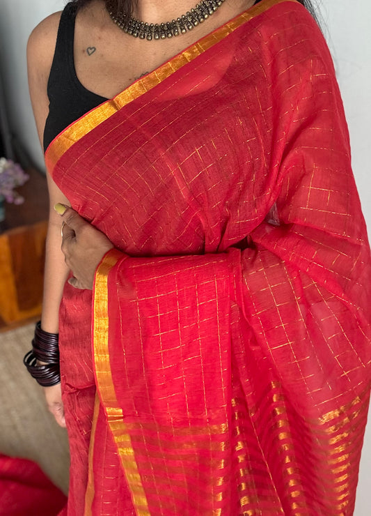 Red mul with gold checks and zari border - YCBCMCJA03