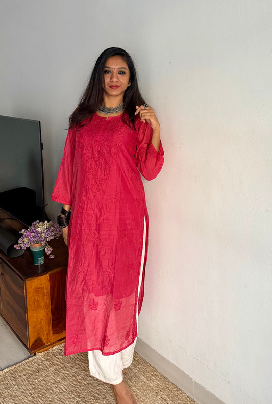 Carmine red muslin chanderi chikankari with bakhiya work, stitched kurta, round neck, three fourth sleeves - YCSECKJA155