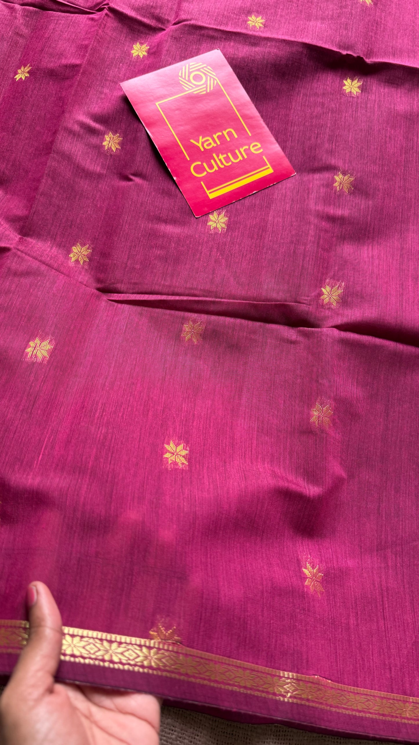 Berry pink with green, gold buttas, semi maheshwari cotton silk - YCCOTNFEJUSM04