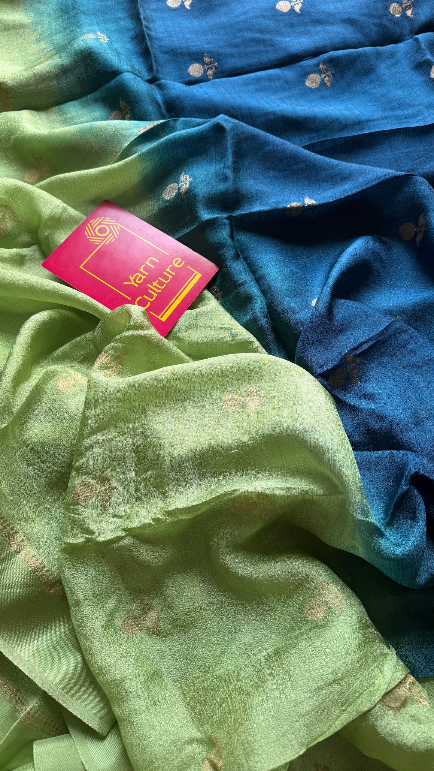 Pista green peacock blue dual tone in viscose soft silk with satin border, jacquard zari motifs - YCDOSFE195