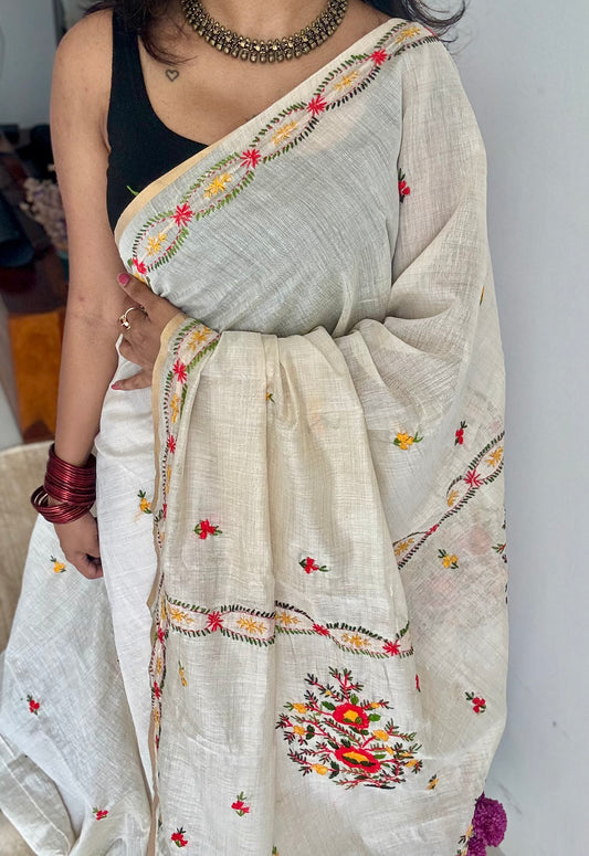 Ivory maheshwari cotton silk blend with bright red floral kantha threadwork - YCBLAUMK09