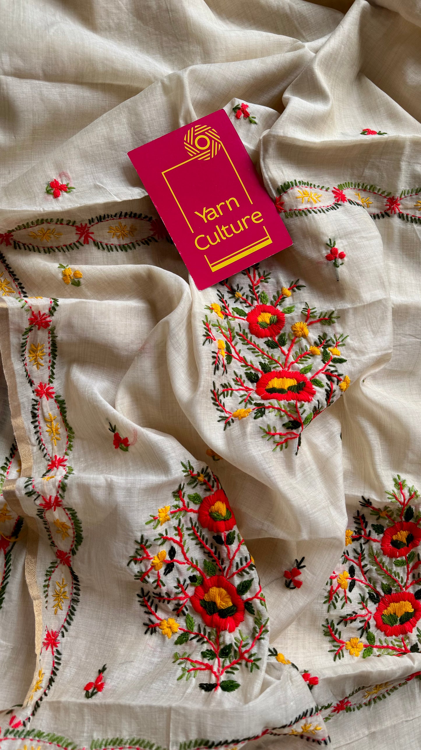 Ivory maheshwari cotton silk blend with bright red floral kantha threadwork - YCBLAUMK09