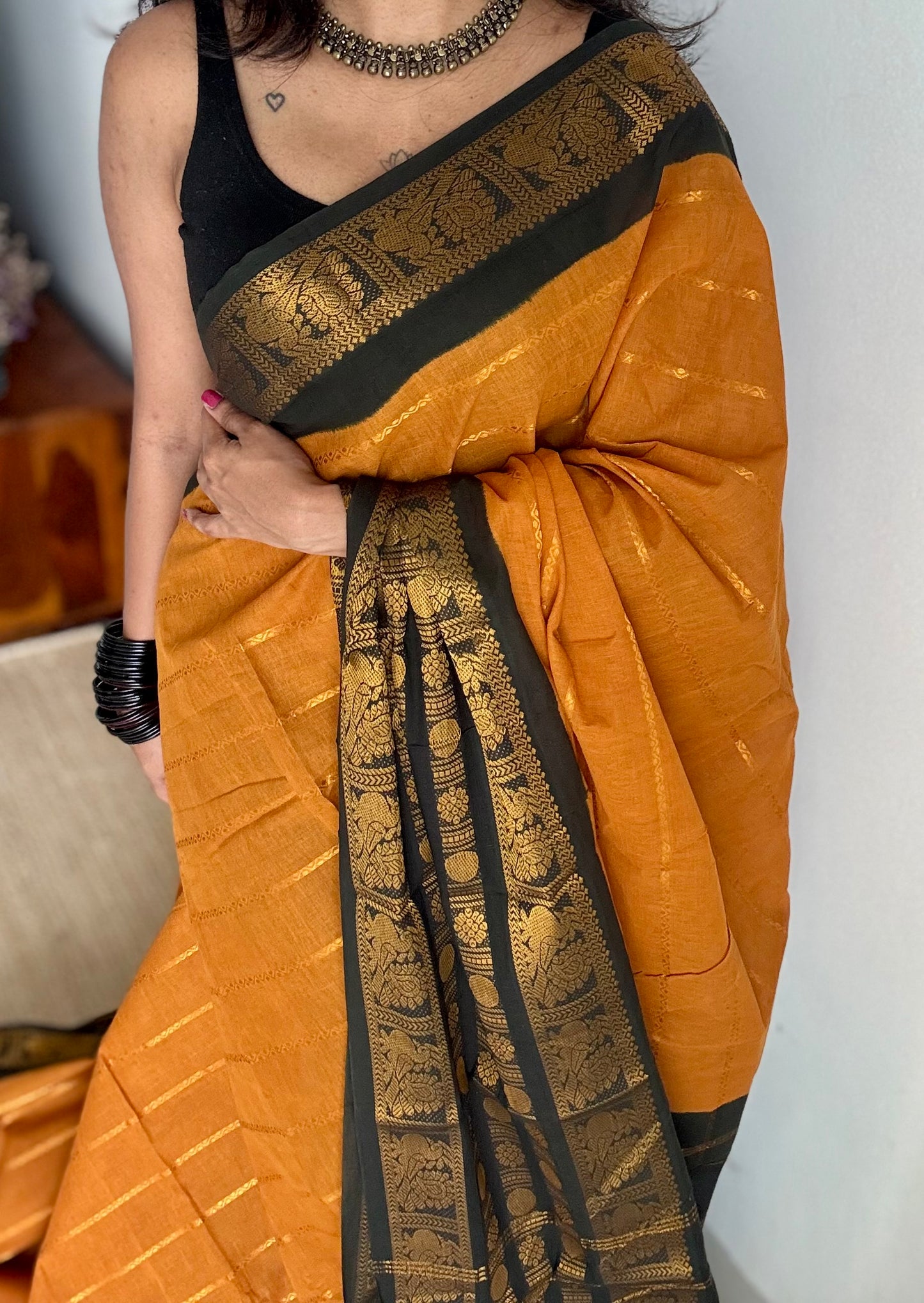 Turmeric yellow with black, peacock rudraksham motif, single side broad zari - madurai kattuchayam dyed - YCCOTNAUS27