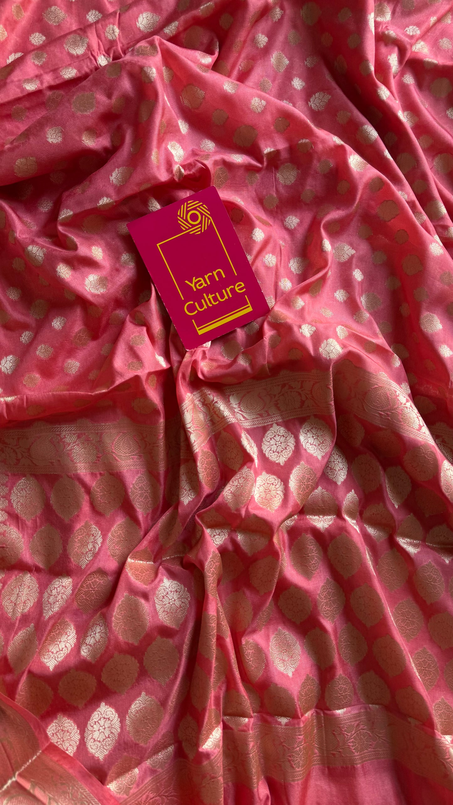 Peach pink, muted gold buttas and zari, Banarasi semi-silk - YCDESE41