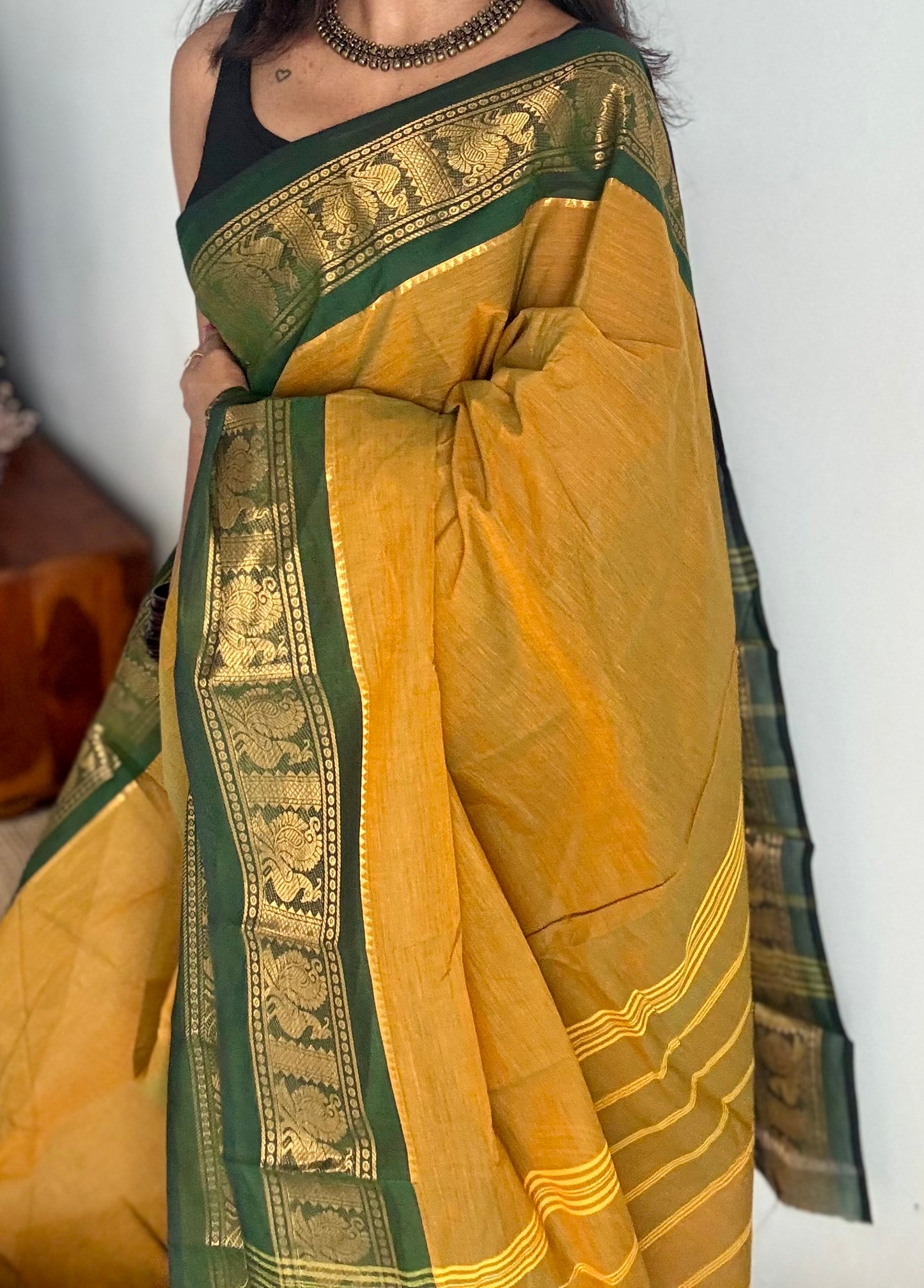 Brownish yellow with green contrast border, chettinad cotton - YCCOTNOCCC01