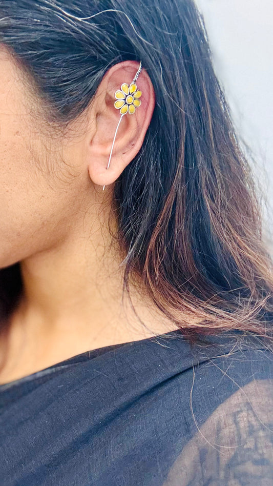 Oxidised silver, yellow stone, floral earcuff - YCOSEEC296