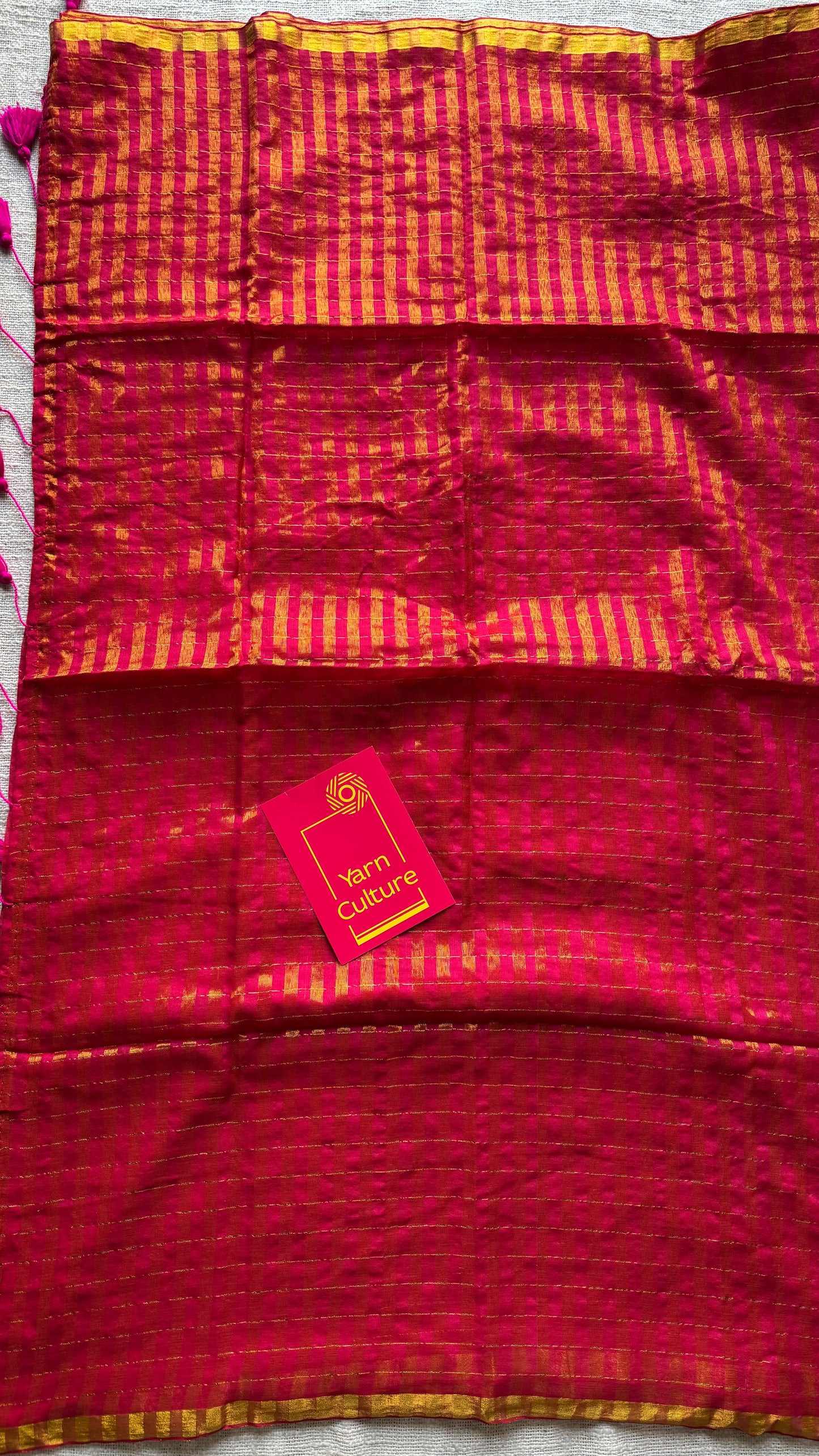 Hot pink mul with gold checks and zari border - YCBCMCJA05