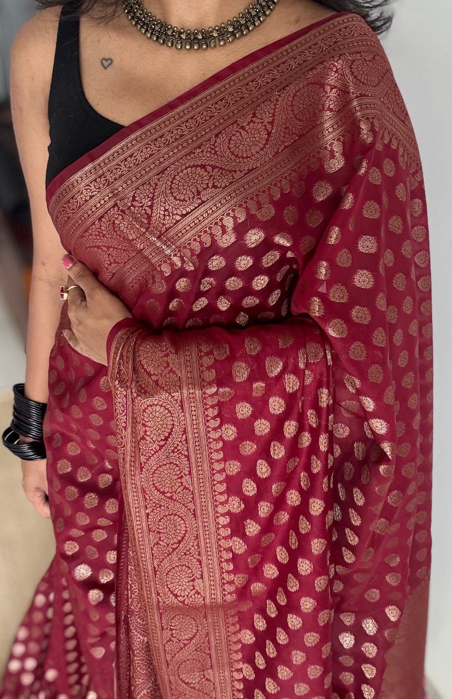 Ruby - Maroon with a slight hint of pink, antique gold zari, Banarasi semi georgette - YCBLFEGAGZ16