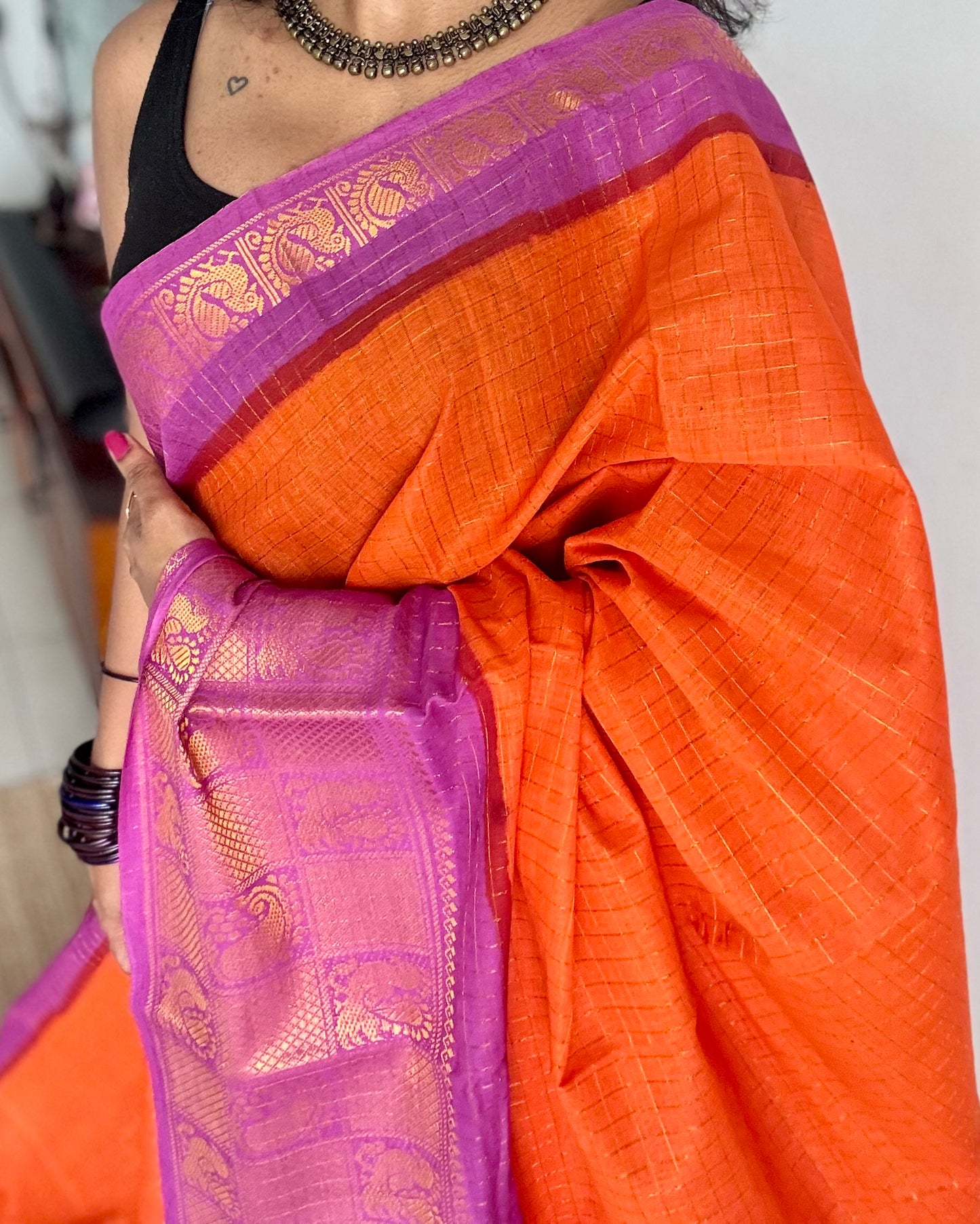 Orange checks with purple pink mayuri checkered zari border, madurai cotton - YCCOTNOCSC02