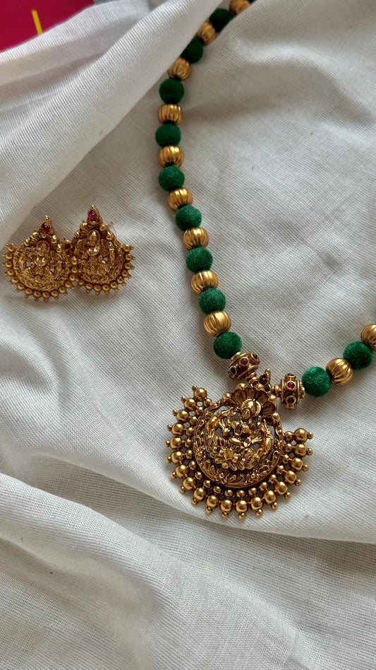 Green with gold beads, temple pendant in antique gold finish neckpiece - YCGPNP656
