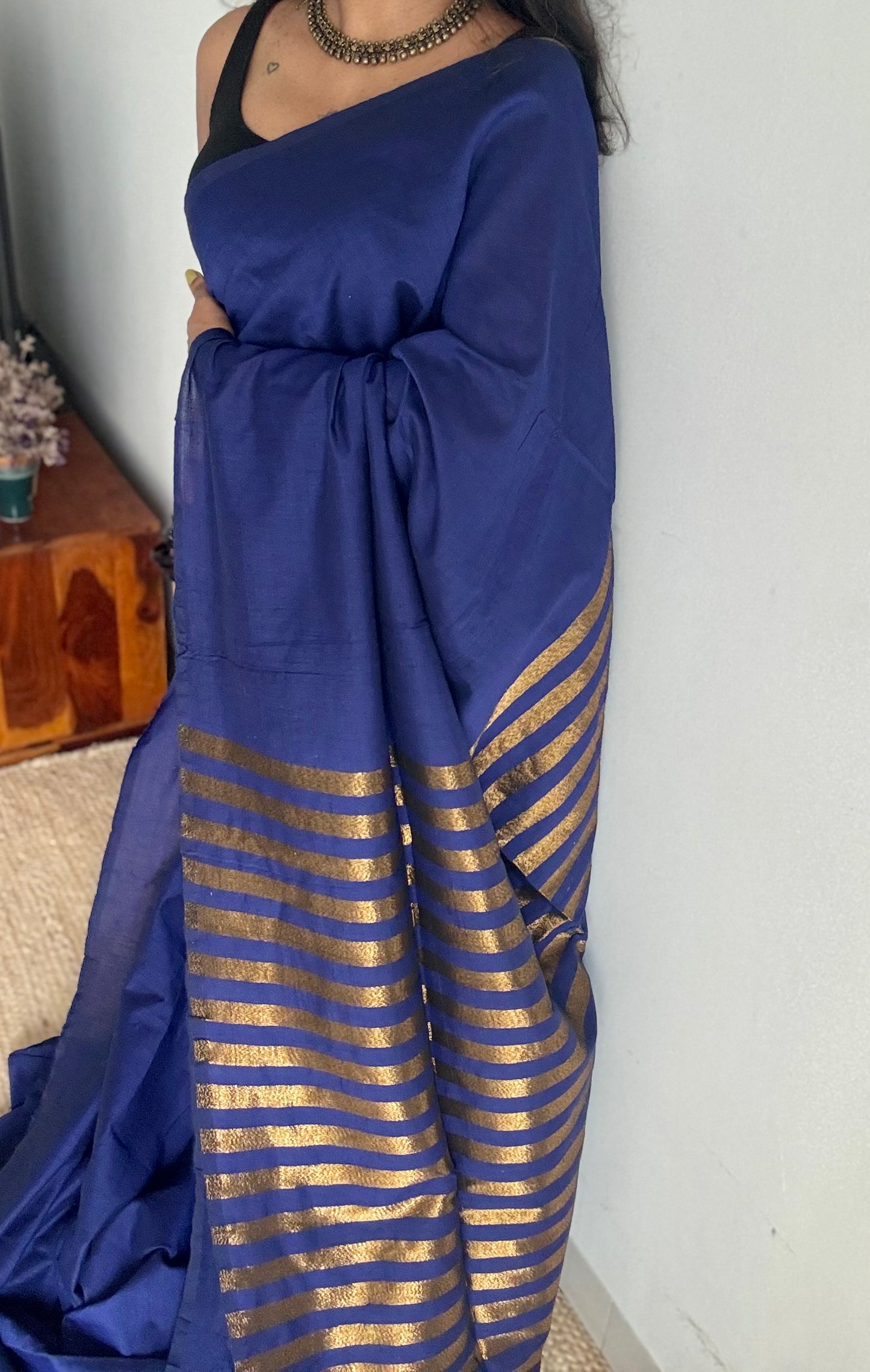 Royal blue khadi with antique gold pallu - YCBCKZPSE04