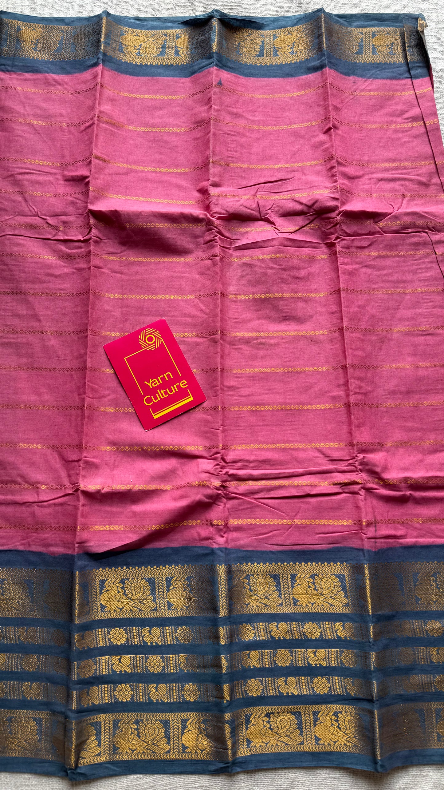 Pink with grey, peacock rudraksham motif, single side broad zari - madurai kattuchayam dyed - YCCOTNAUS32