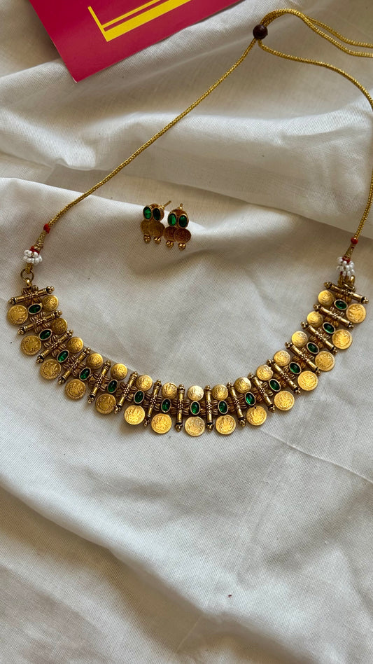 Coin necklace with green stones, with earrings - YCGPNP609