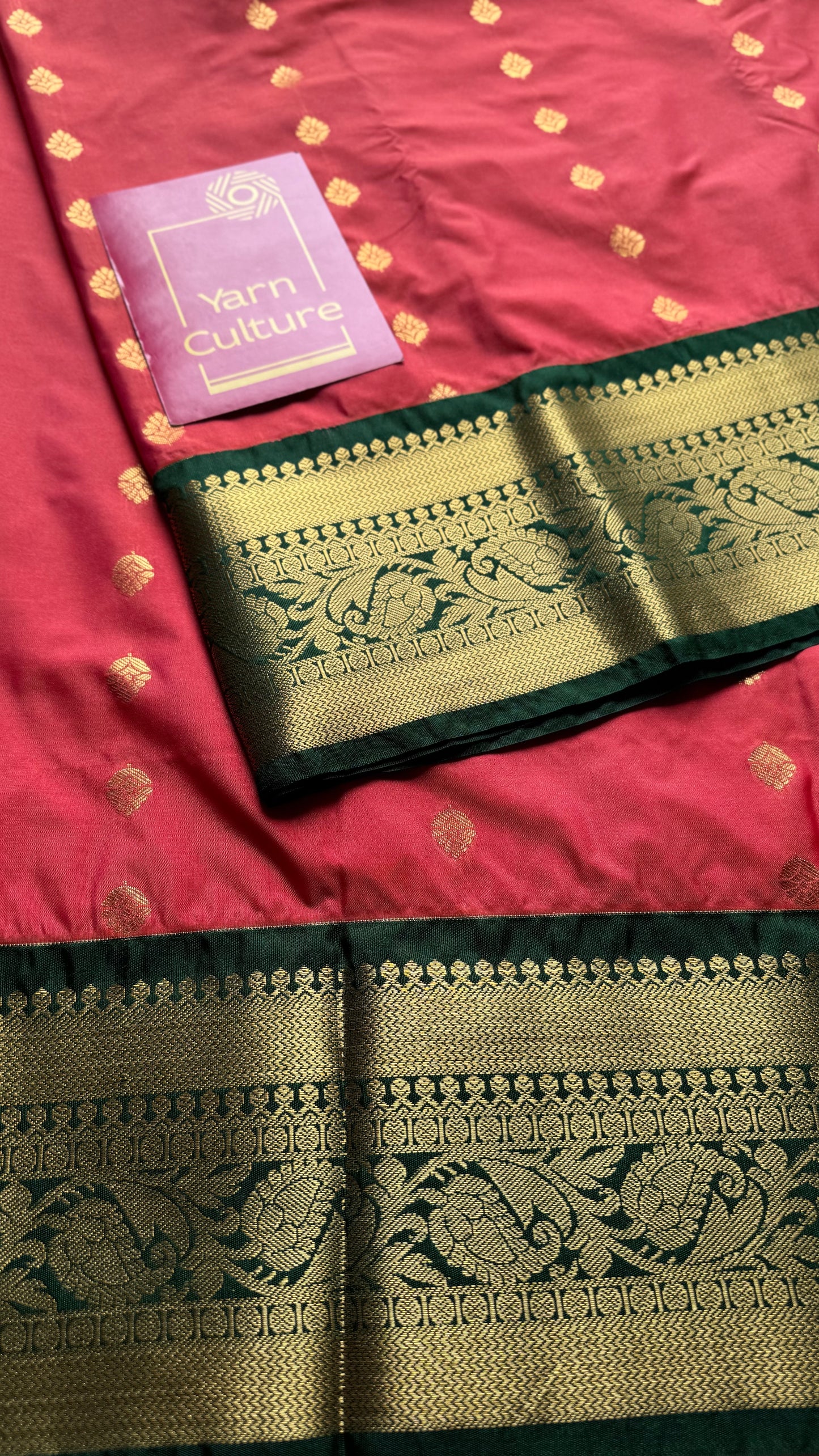 Kavini - peach with dark green, handloom korvai semi silk - YCCOTNFEJUKS01