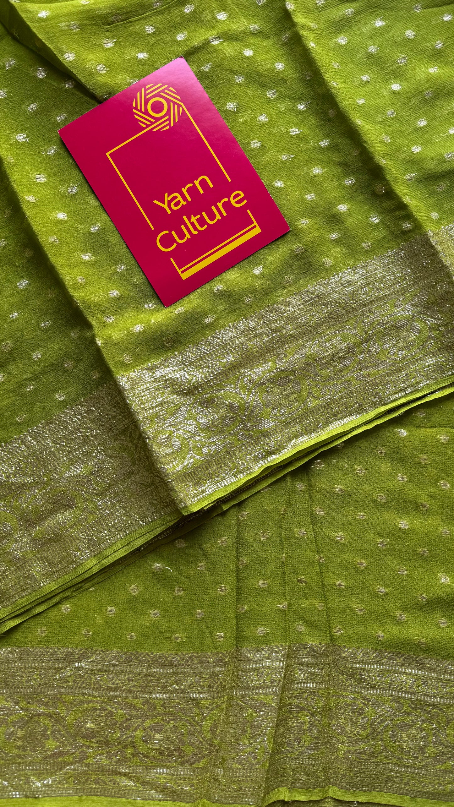Lime green viscose georgette saree with zari motifs - YCDOSFE204