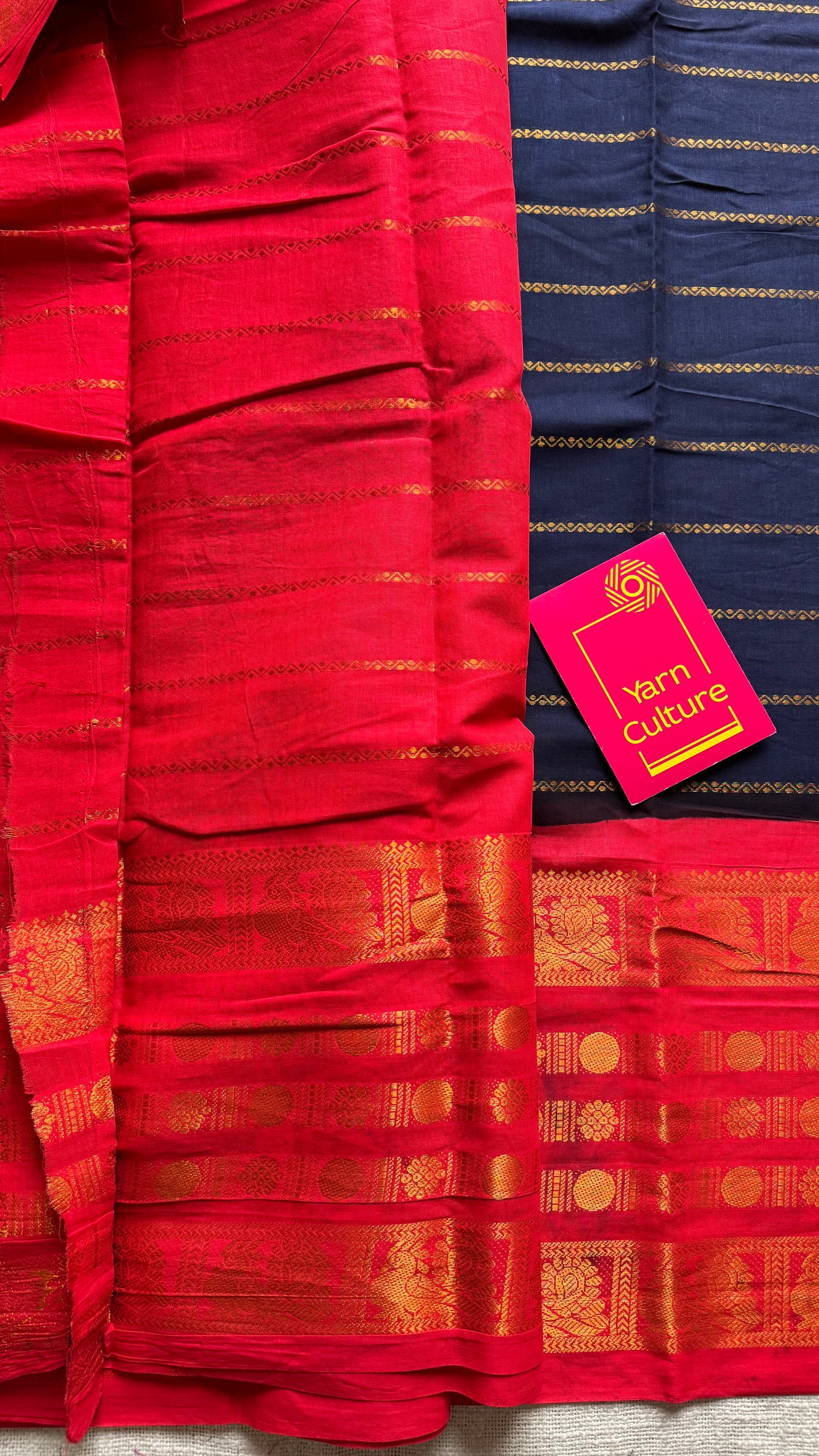 Dark blue, bright red, peacock rudraksham motif, single side broad zari - madurai kattuchayam dyed - YCCOTNAURS15