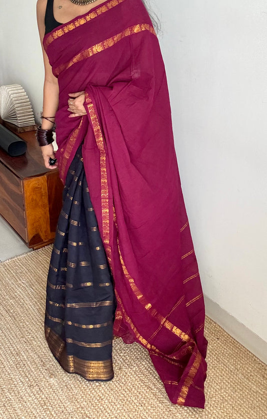 Dark vadamalli (purple pink) and black, sungudi cotton half-half saree - YCCOTNIDMA297