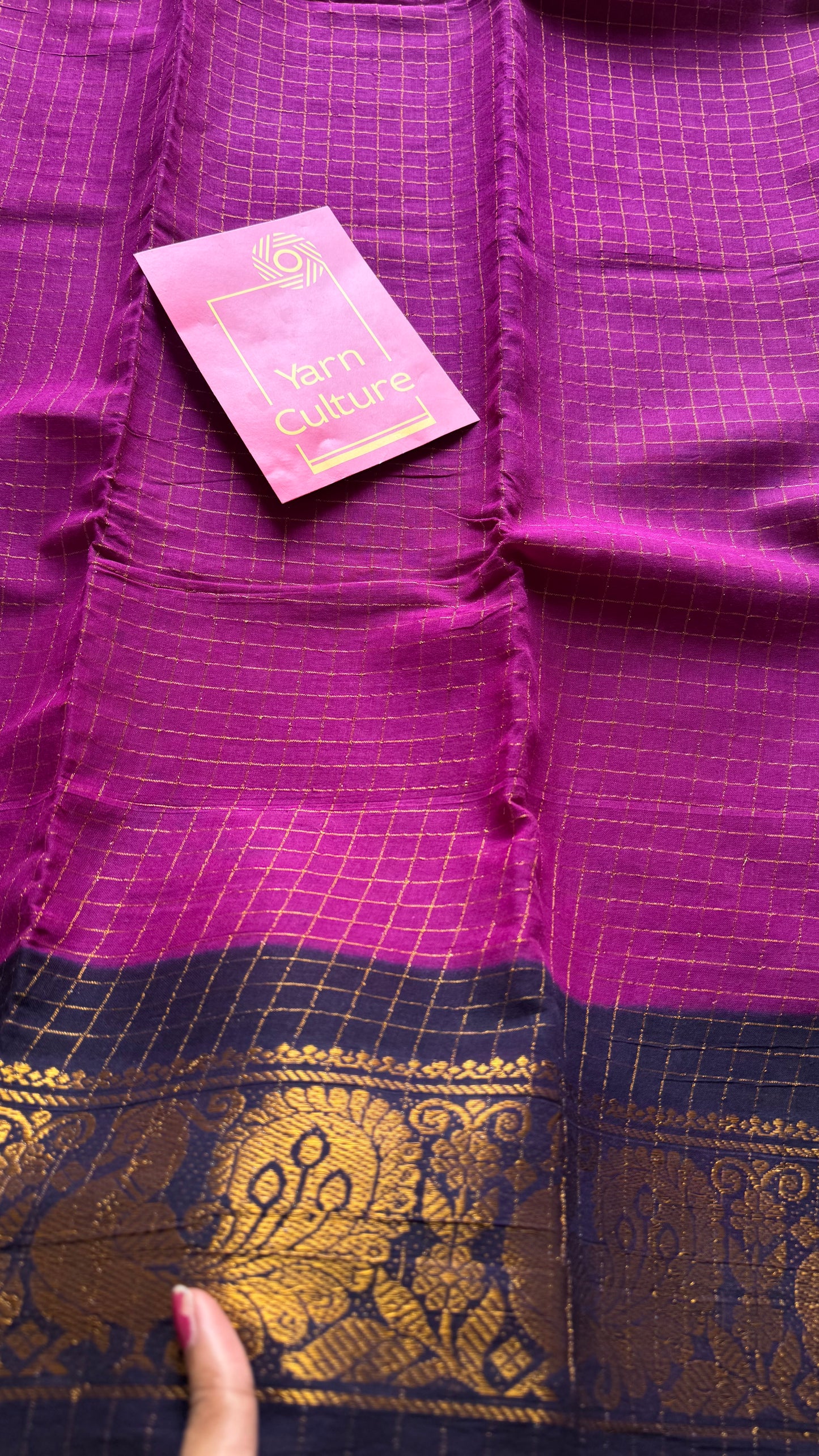 Purple pink with dark blue checkered sungudi, madurai cotton - YCCOTNOCSC21