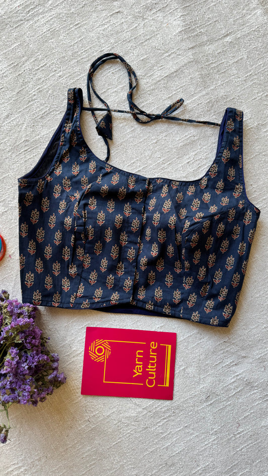 Indigo printed sleeveless cotton stitched blouse, front open, non-padded - YCSESB85