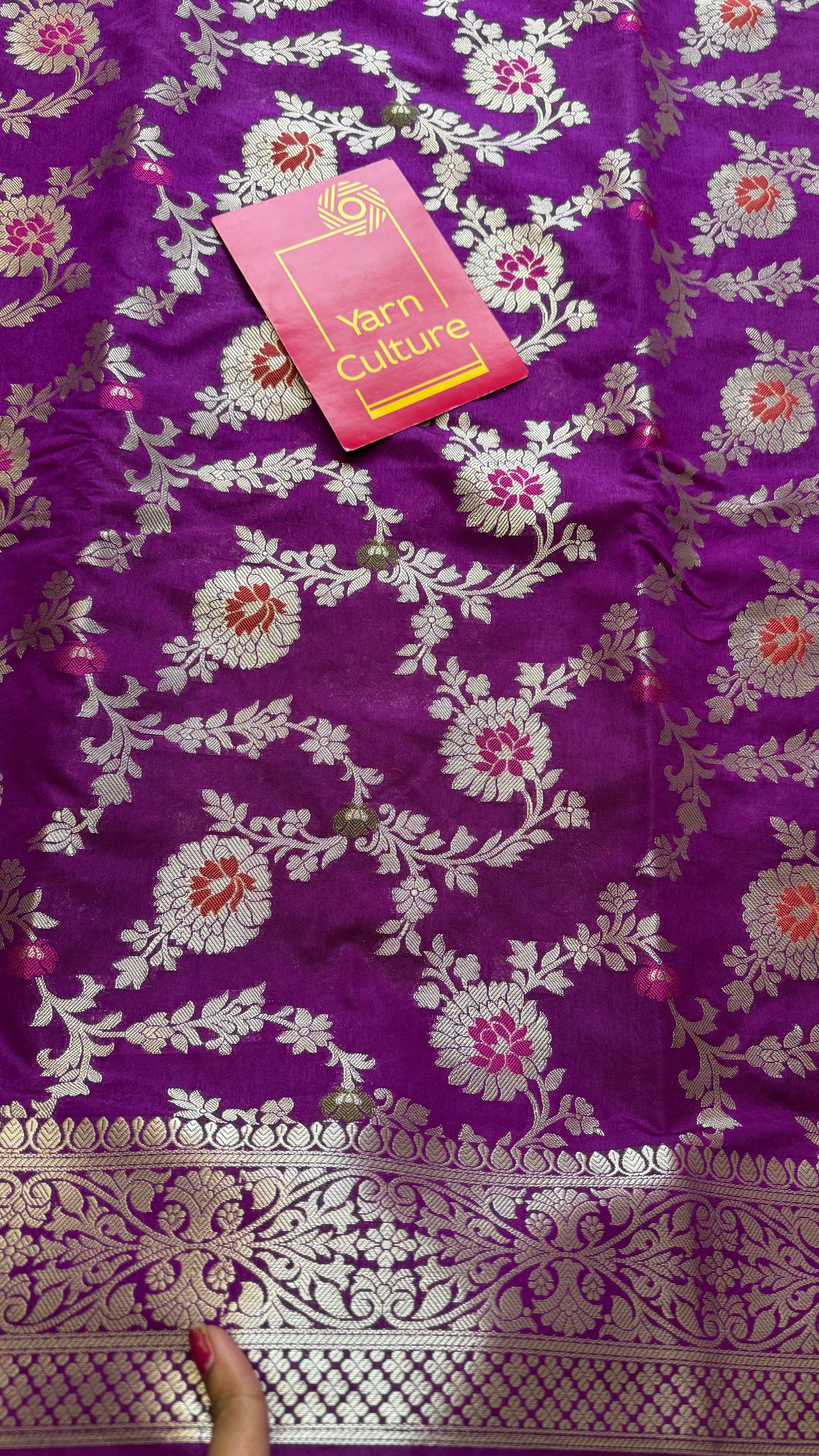 Bright purple meenakari floral pattern in silver zari, Banarasi katan dupion silk - YCDESE10