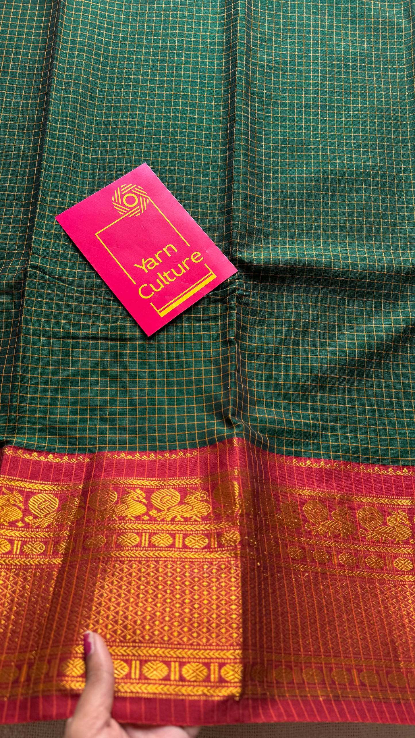 Dark green checks with zari border, premium narayanpet, soft cotton - YCWOTDOCNP01
