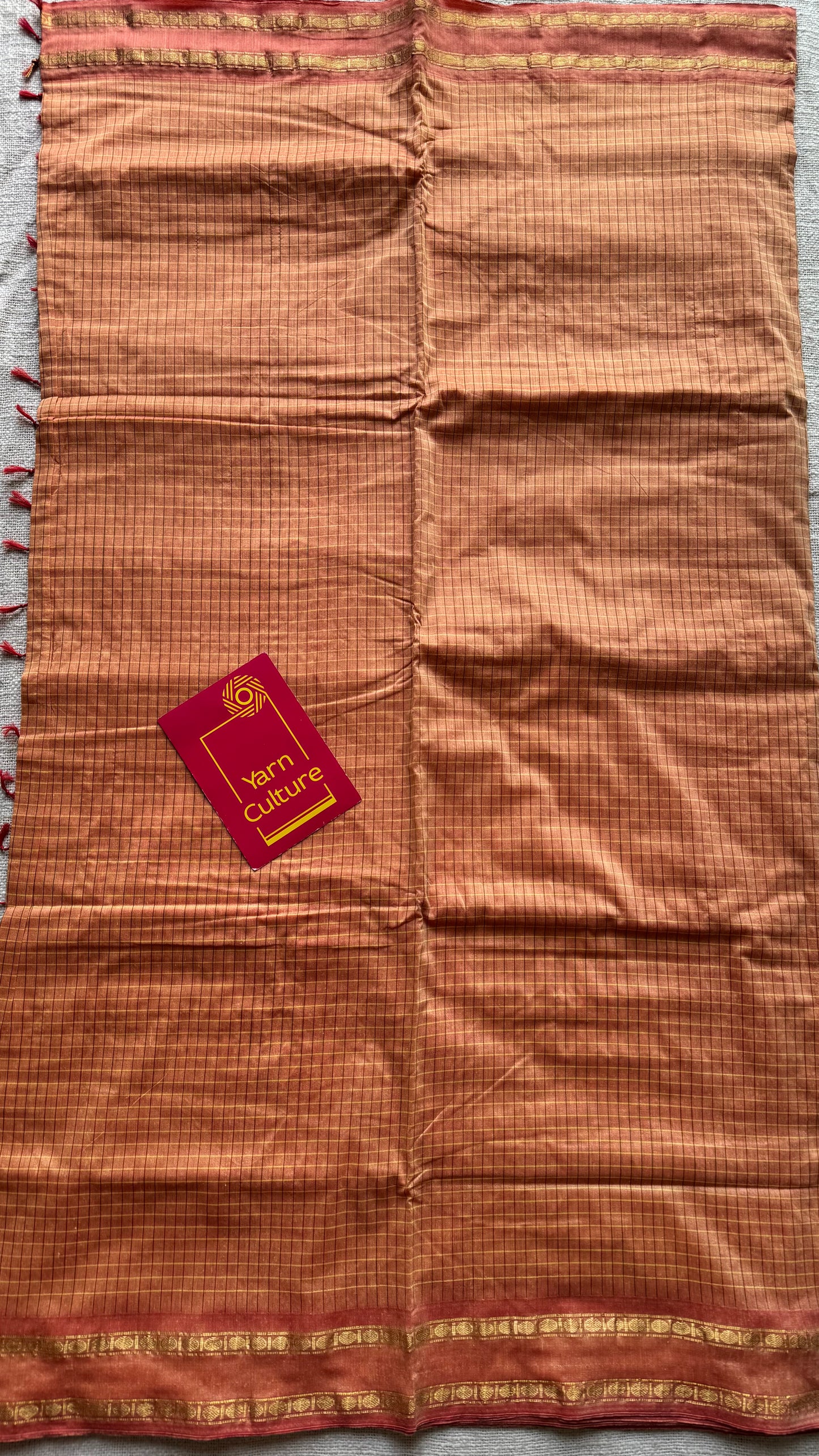 Salmon peach, arani checks, cotton silk - YCCOTNOCAR10