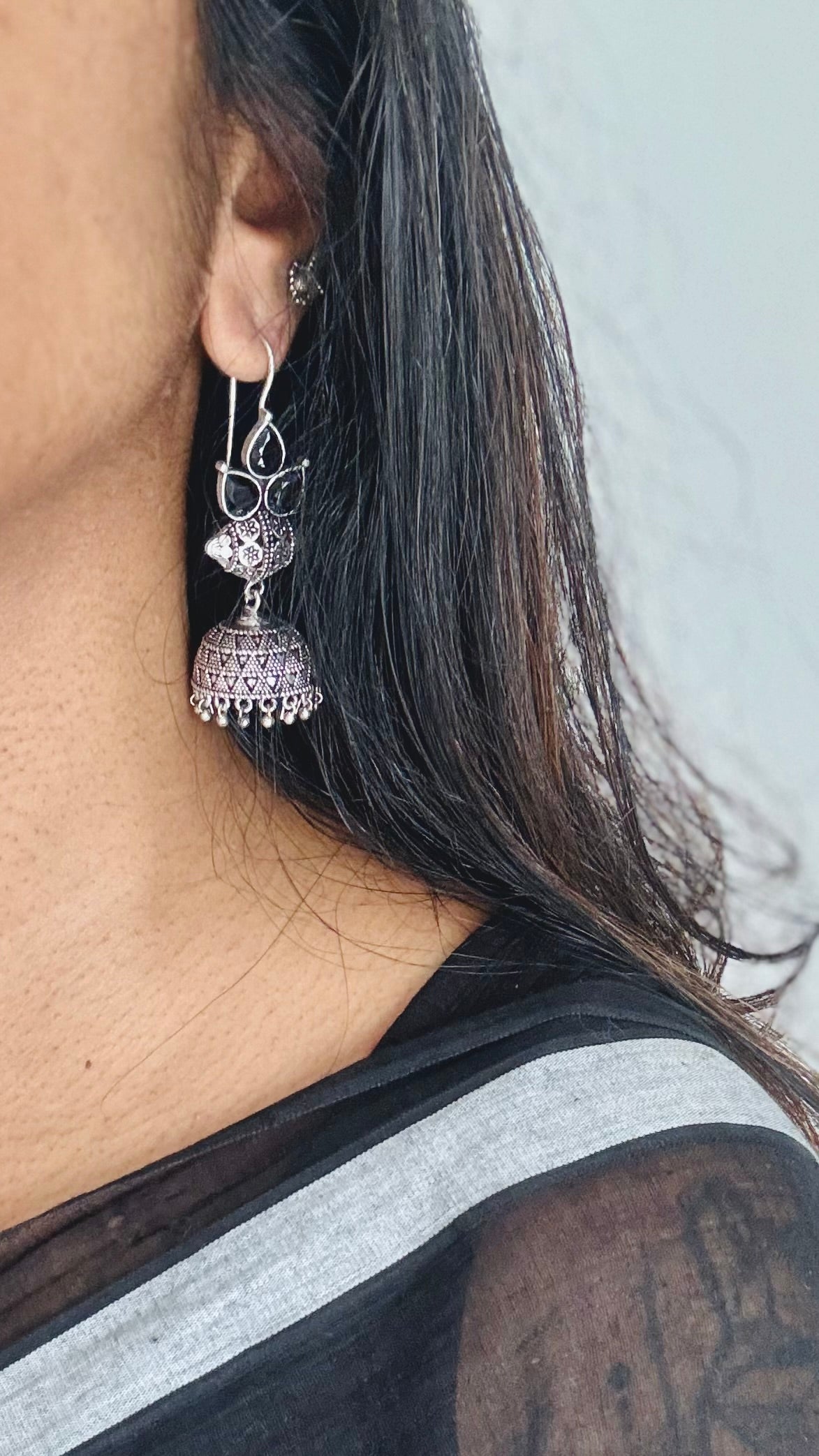 Oxidised silver hook earrings, blue stone - YCOSED252