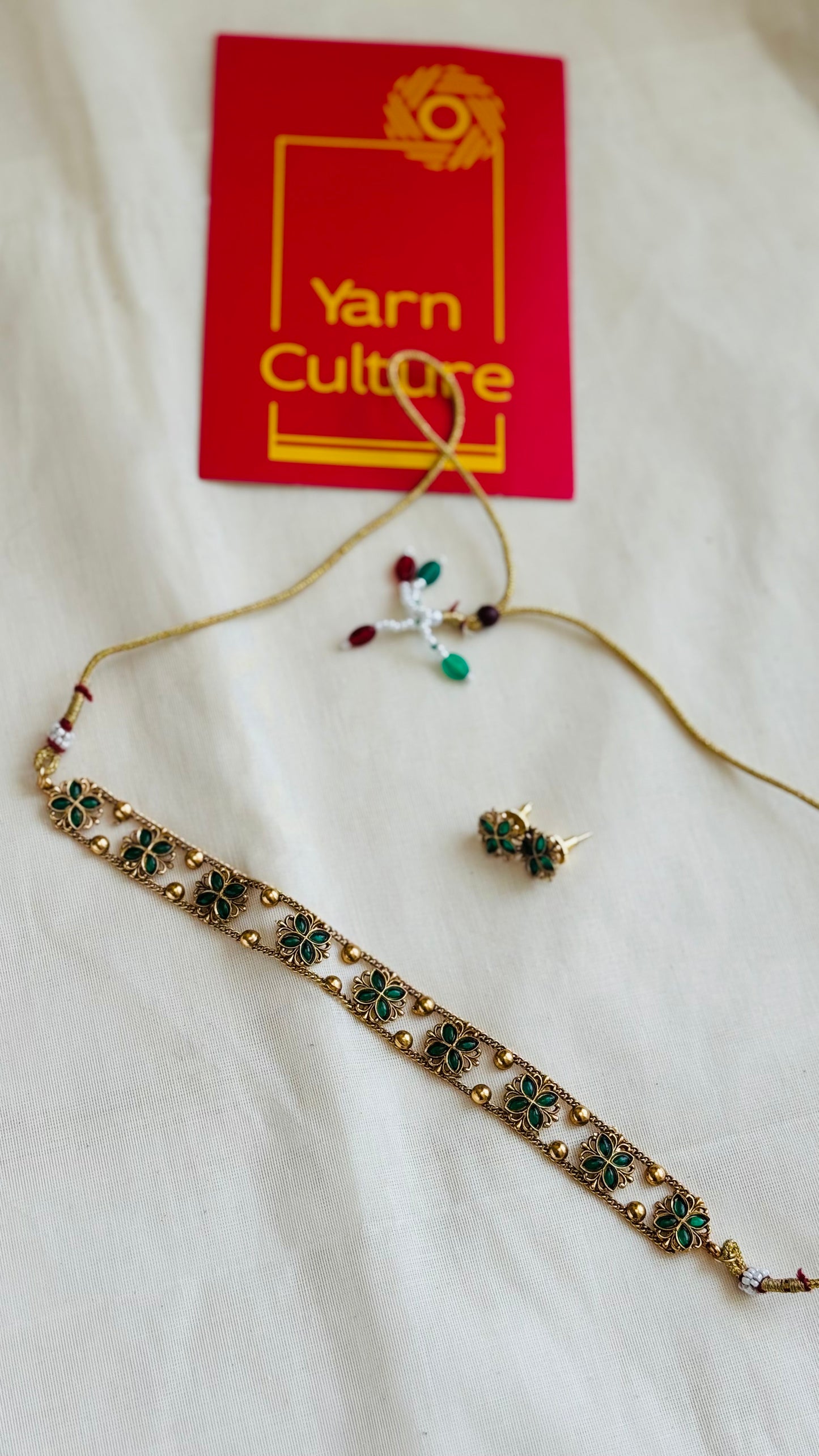 Green floral pendant choker with earrings - YCGPNP767