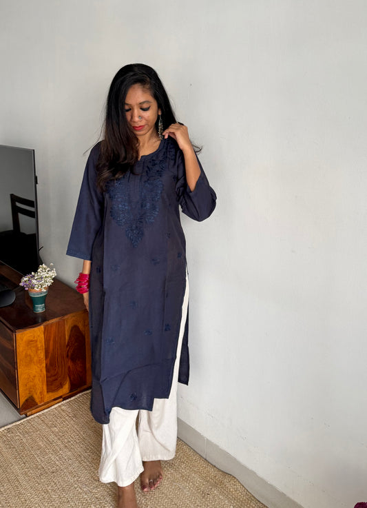 Indigo/navy blue chanderi chikankari with ghas patti work, stitched kurta, round neck, three fourth sleeves - YCSECK13