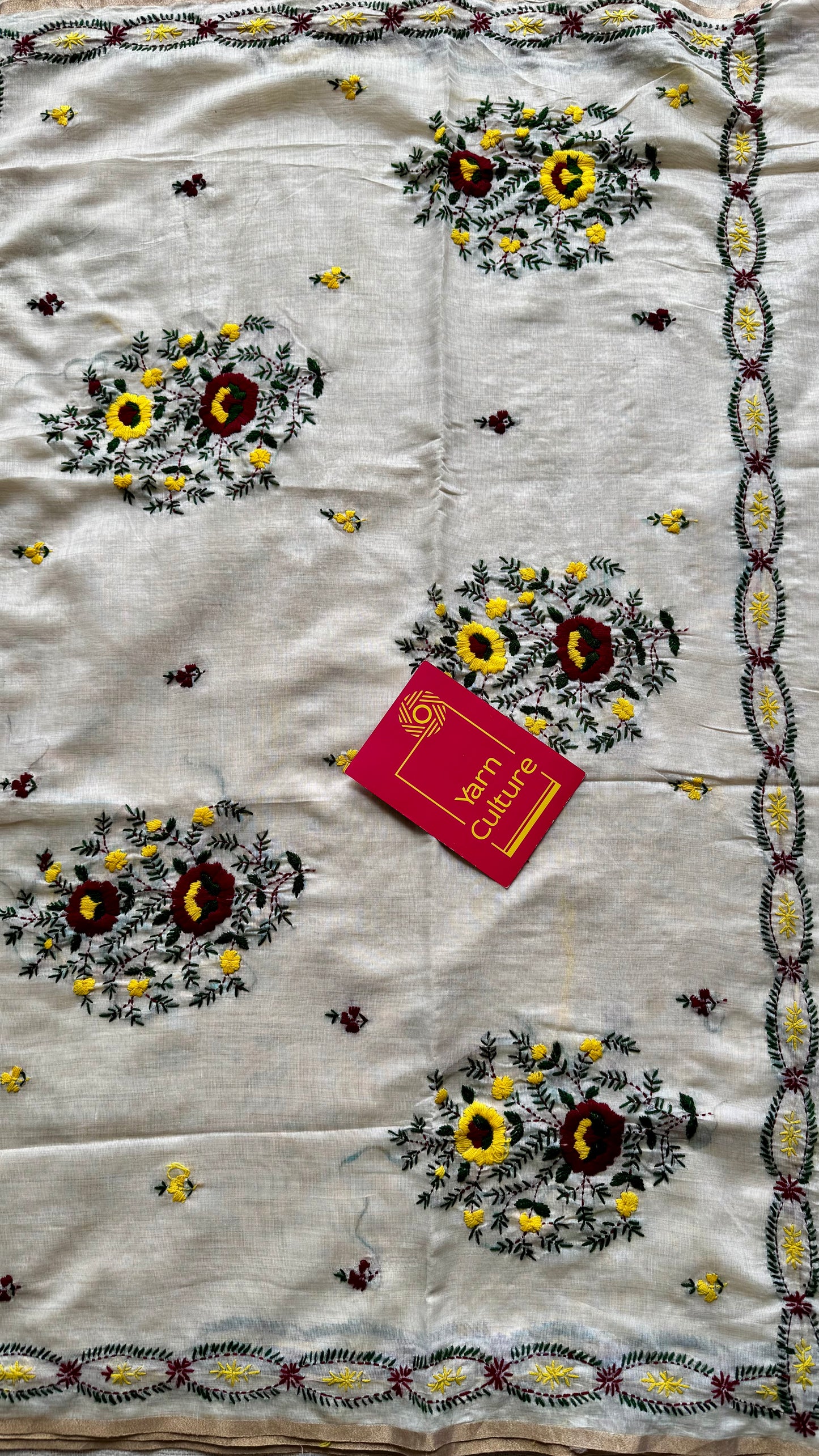 Ivory maheshwari cotton silk blend with yellow and maroon floral kantha threadwork - YCBLJULMK07