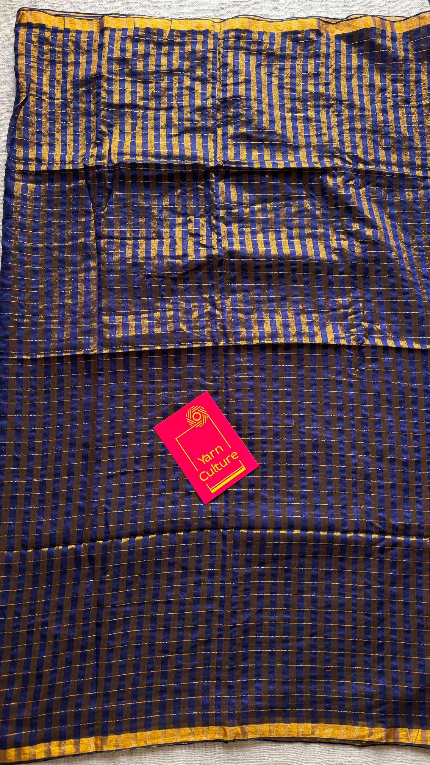 Dark blue mul with gold checks and zari border - YCBCMCJA04