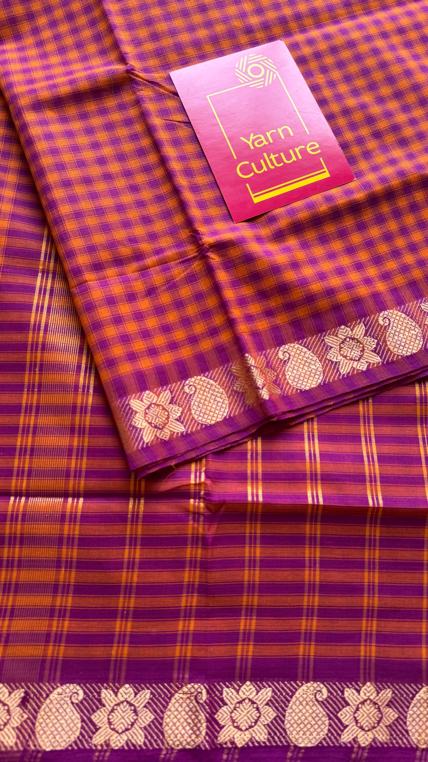 Magenta Chettinad cotton saree with orange checks - YCCOTNCCFE146