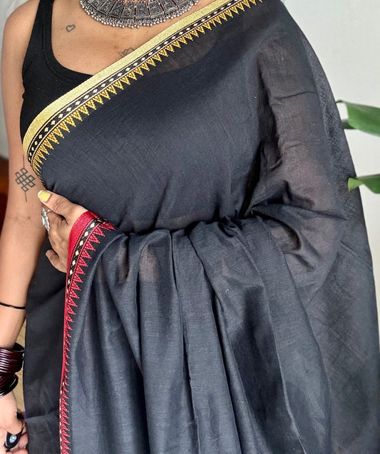 Handloom Bengal soft cotton saree, black with cream and red woven dual tone borders - YCBCMCSE42