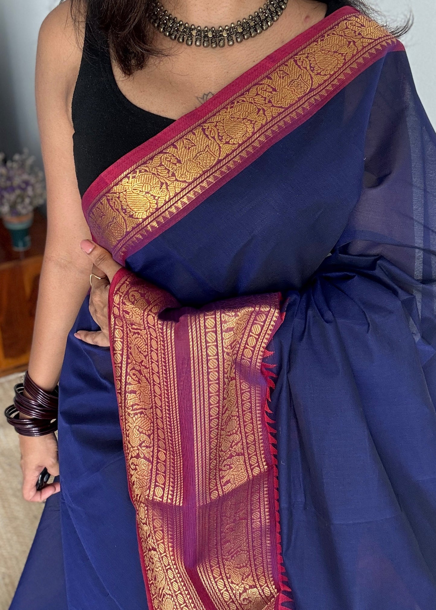 Navy Blue with Purple Pink Contrast Border - Chettinad Cotton
