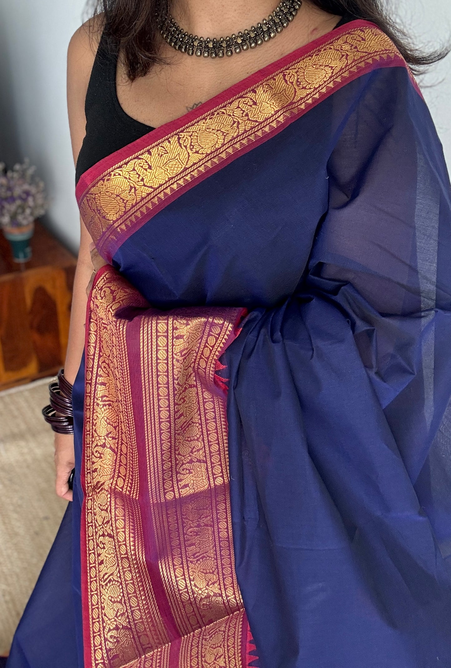 Navy Blue with Purple Pink Contrast Border - Chettinad Cotton