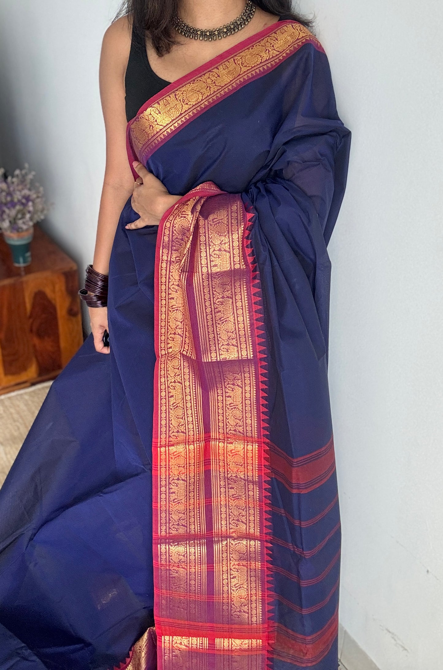 Navy Blue with Purple Pink Contrast Border - Chettinad Cotton