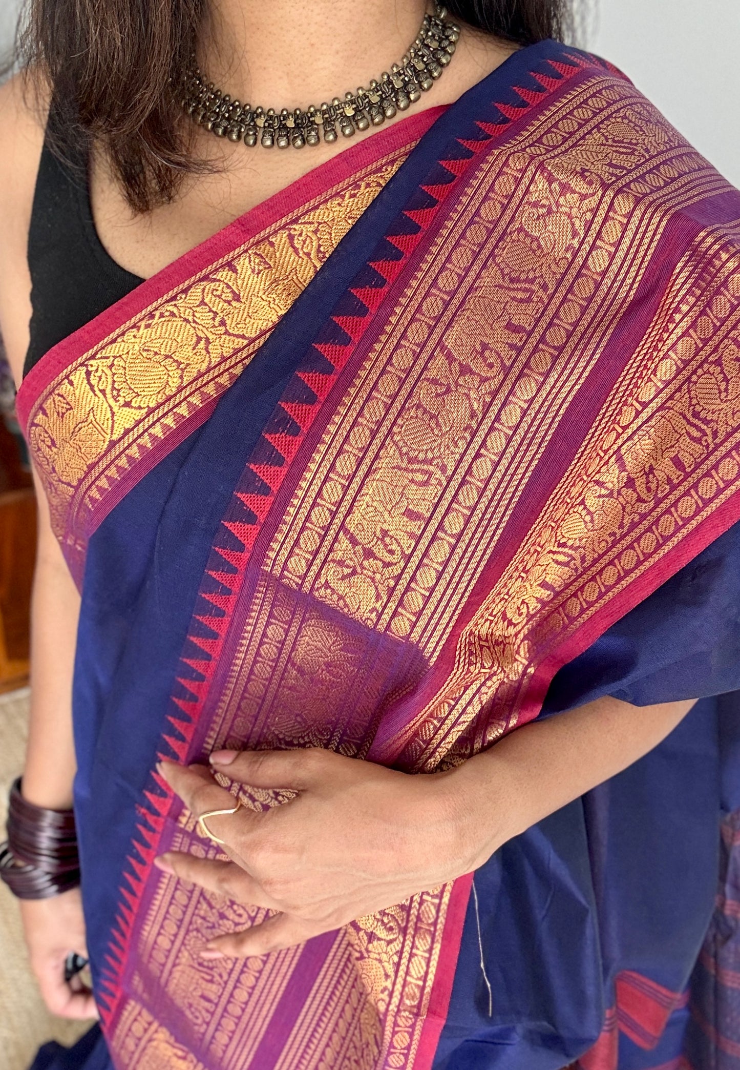 Navy Blue with Purple Pink Contrast Border - Chettinad Cotton