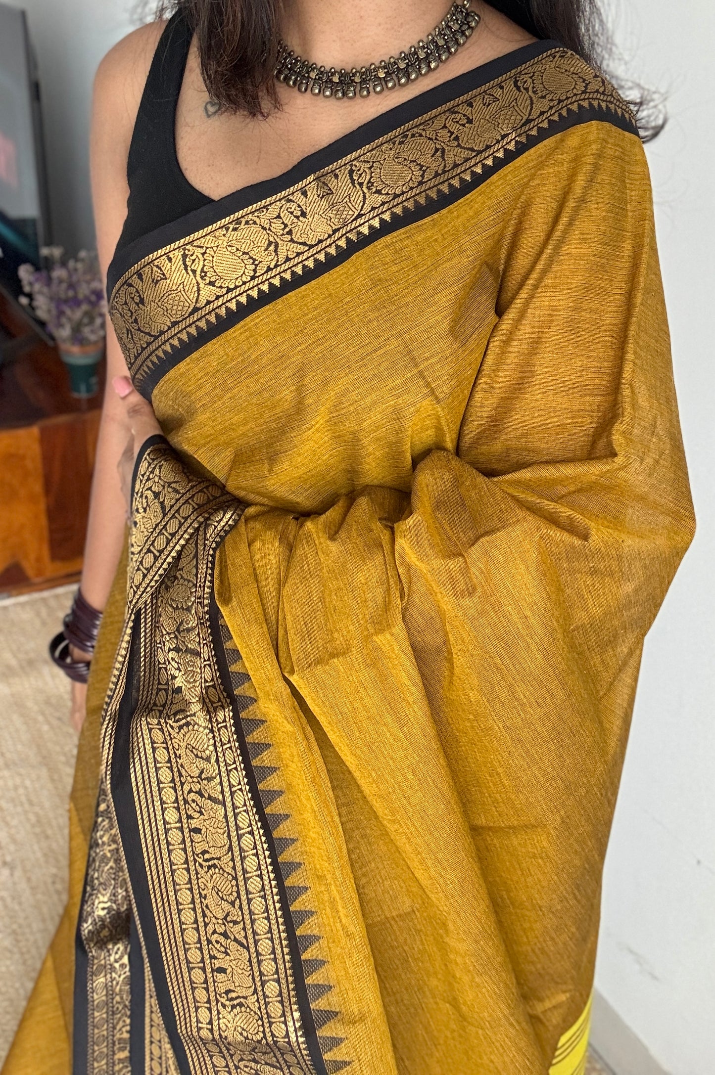 Burnt Yellow with Black Contrast Border - Chettinad Cotton