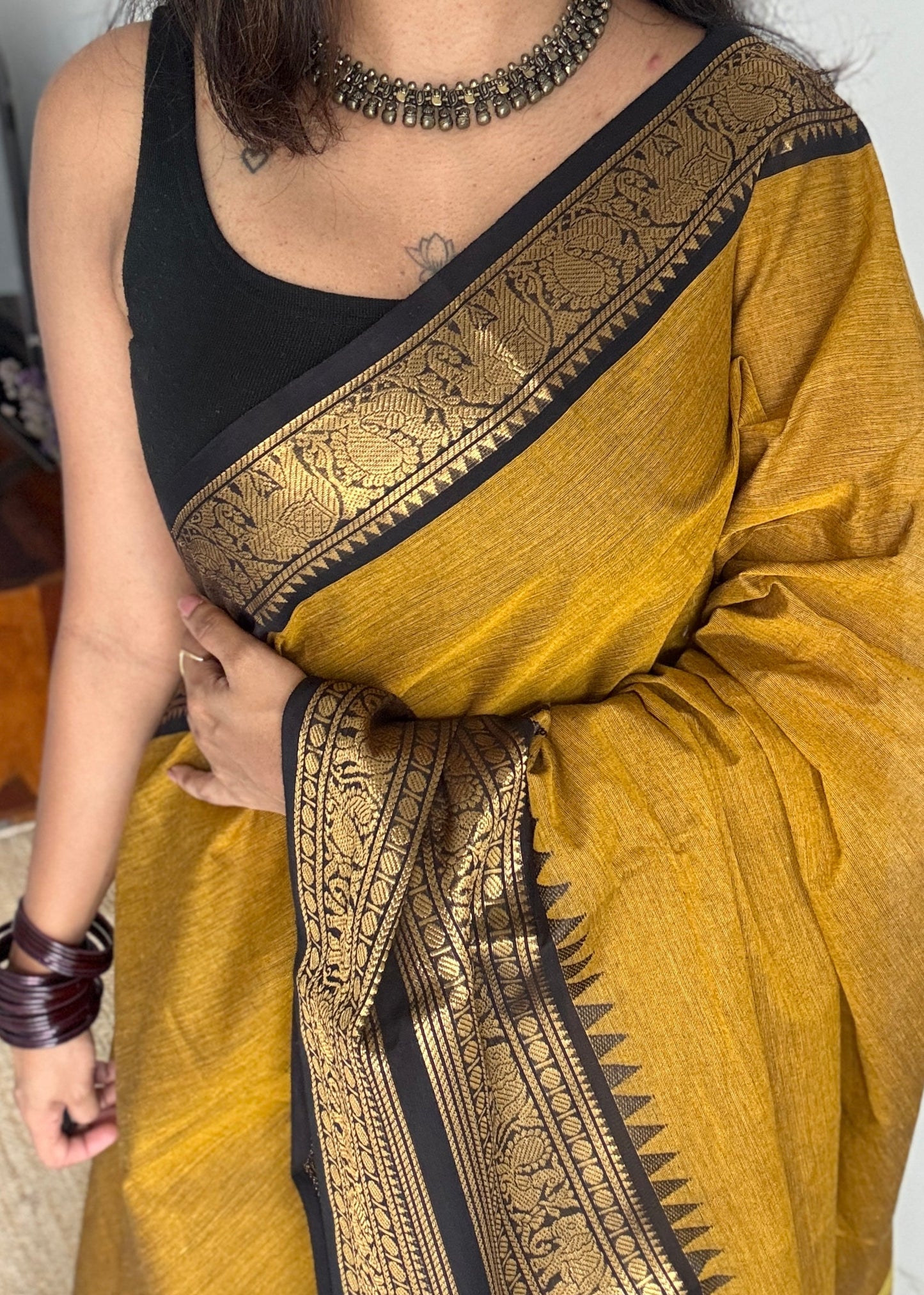 Burnt Yellow with Black Contrast Border - Chettinad Cotton - YCCOTNCLWB02