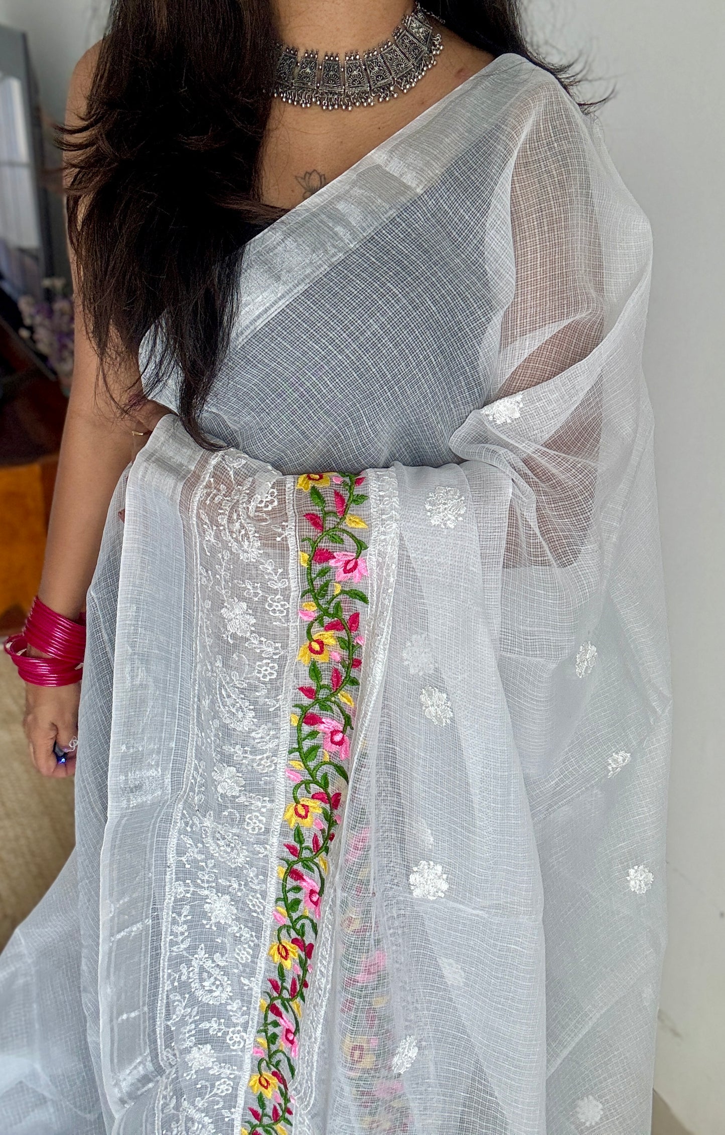 Nivrita - White with Floral and Thread Embroidery, Kota Doria - YCTORKE01