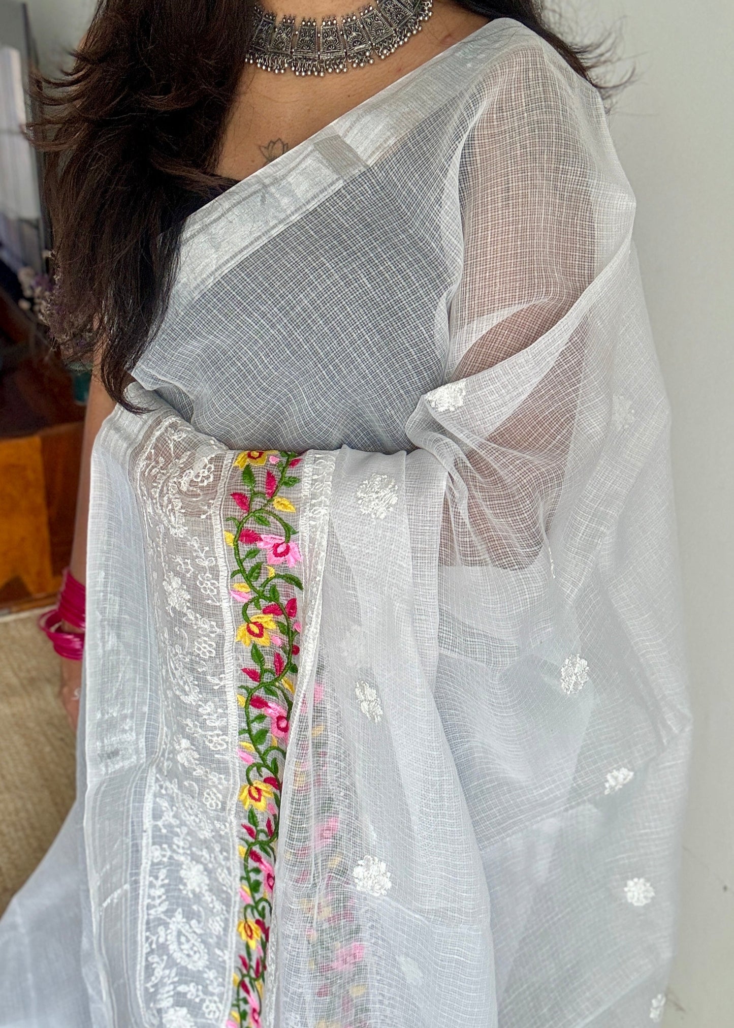Nivrita - White with Floral and Thread Embroidery, Kota Doria - YCTORKE01