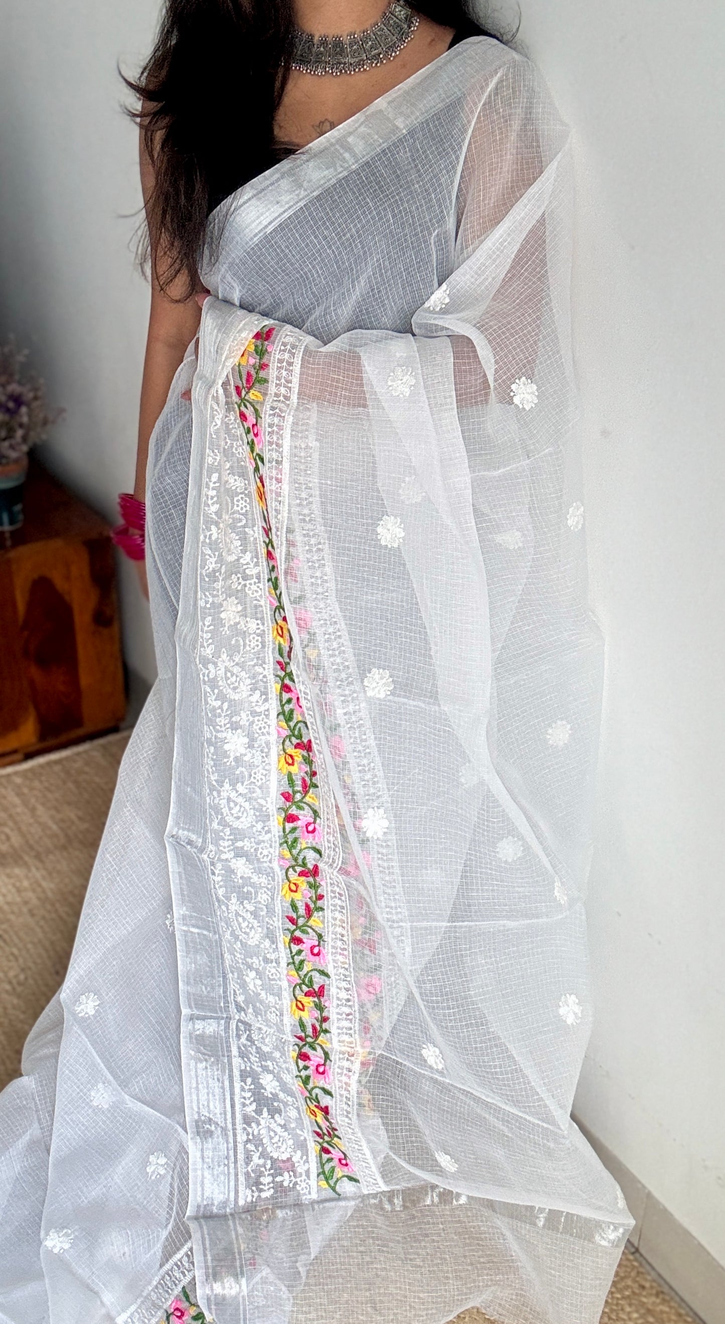 Nivrita - White with Floral and Thread Embroidery, Kota Doria - YCTORKE01