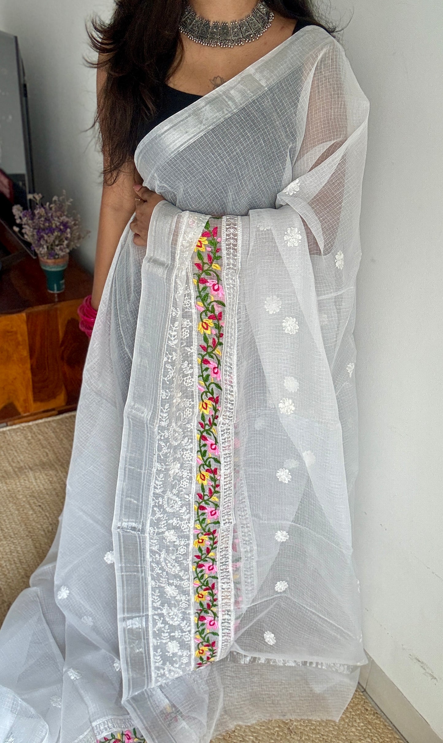 Nivrita - White with Floral and Thread Embroidery, Kota Doria - YCTORKE01